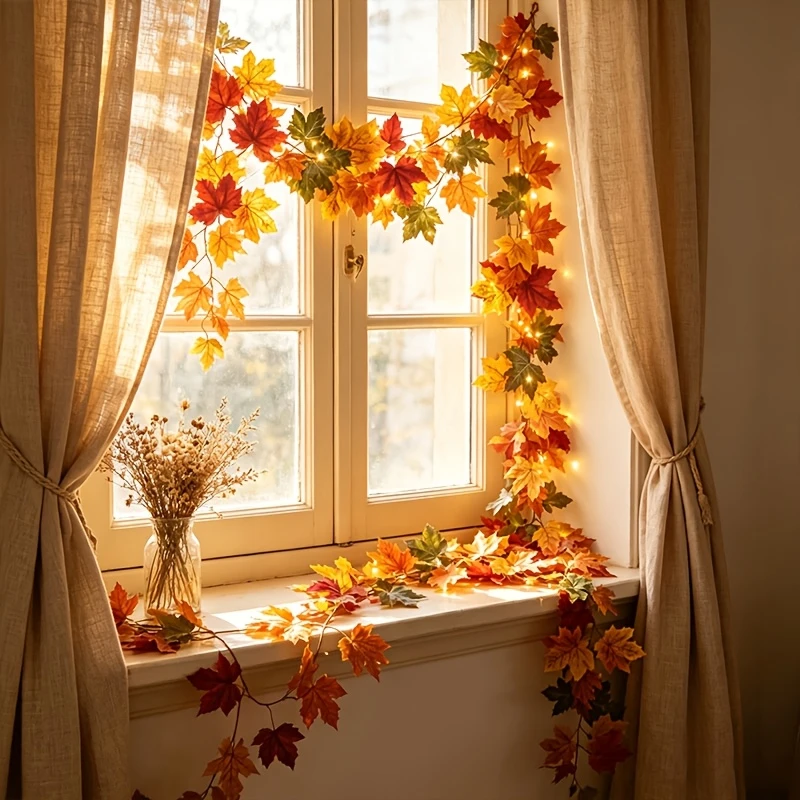 1m Fall Maple Leaf Garland with Lights, Artificial Autumn Leaf Vine, Thanksgiving Halloween Hanging Garland for Decor Christmas