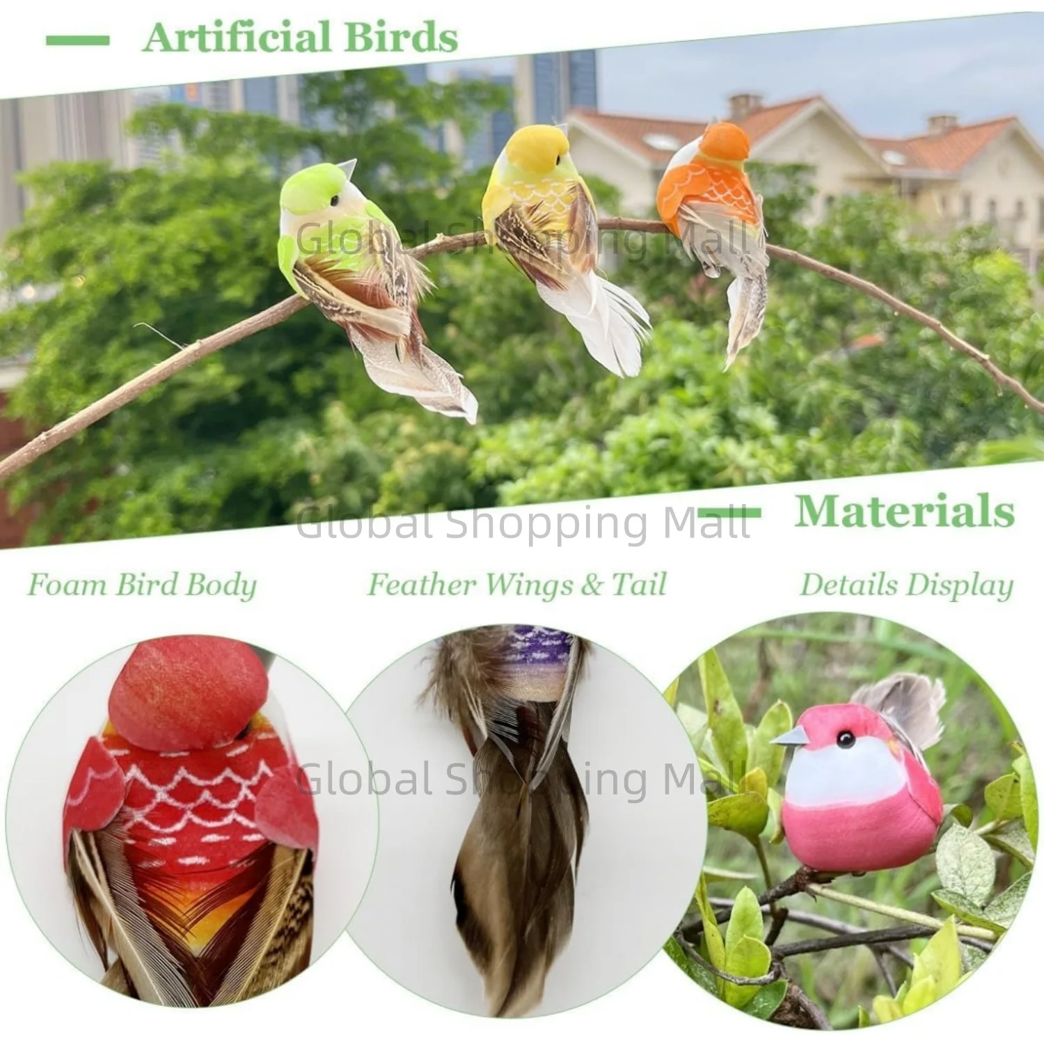6pcs Fake Bird Artificial Foam Feather Bird Ornament for Birdshouse Craft Christmas Tree Decor Birthday Party Gift Bird Model