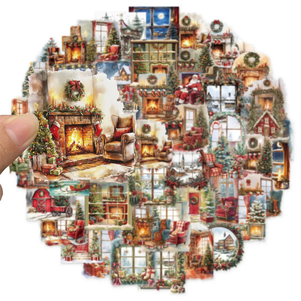 50PCS Christmas Watercolor Scene Fireplace Fun Stickers DIY Luggage Board Skateboard Motorcycle Notebook Decorative Stickers