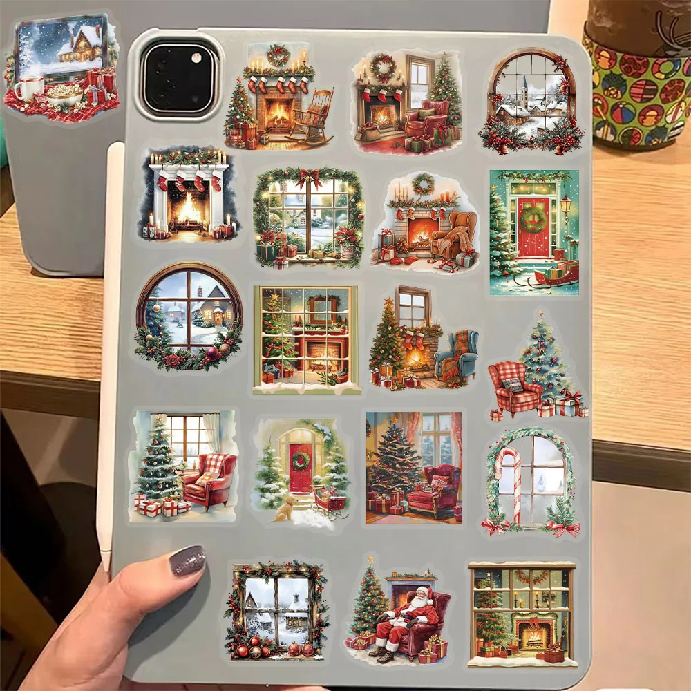 50PCS Christmas Watercolor Scene Fireplace Fun Stickers DIY Luggage Board Skateboard Motorcycle Notebook Decorative Stickers