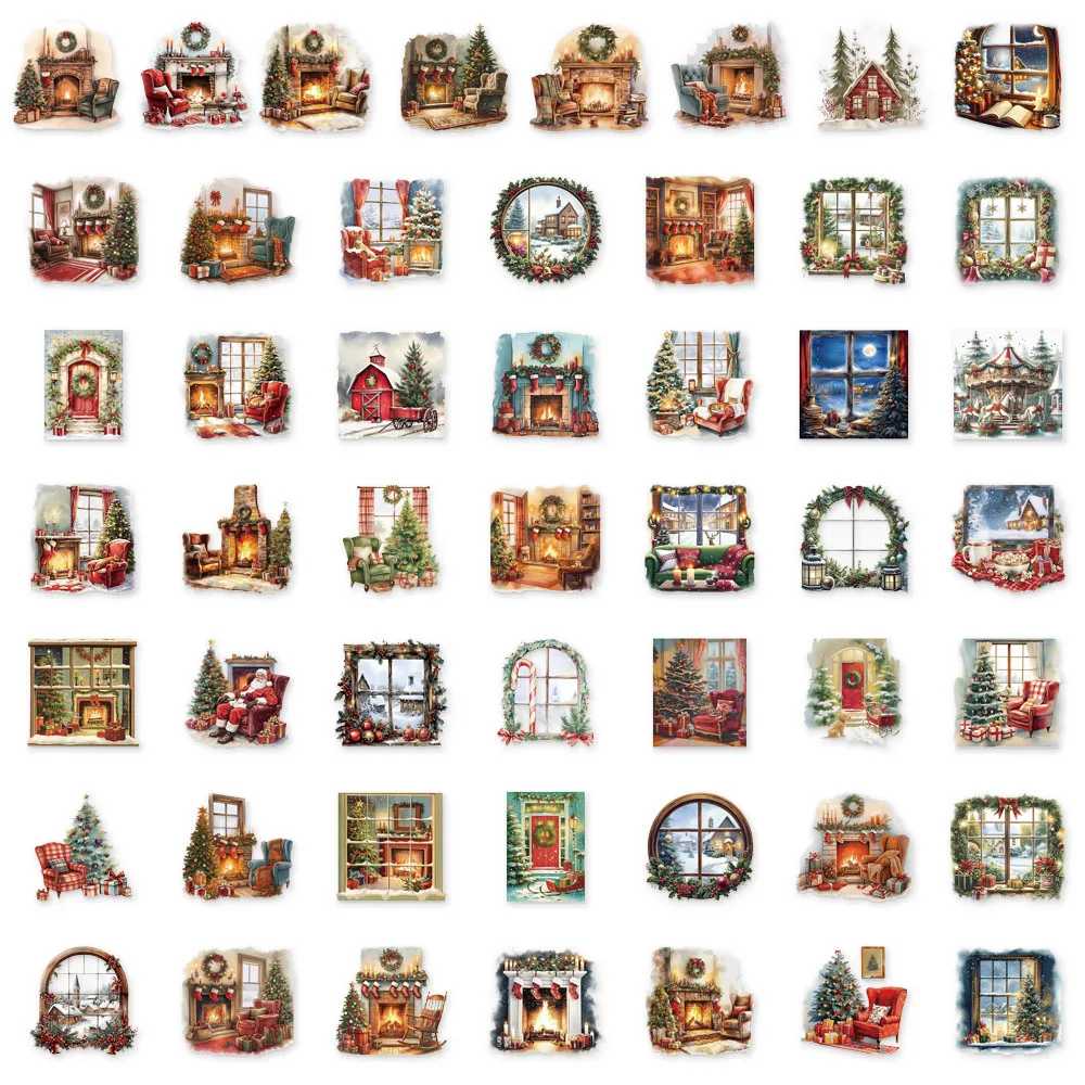 50PCS Christmas Watercolor Scene Fireplace Fun Stickers DIY Luggage Board Skateboard Motorcycle Notebook Decorative Stickers