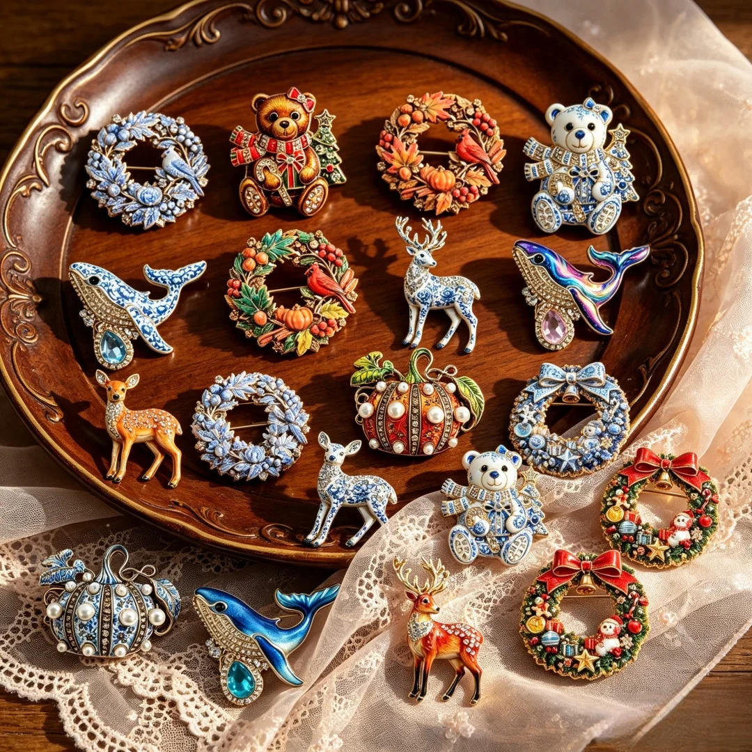 Christmas Wreath, Whale, Reindeer, Pumpkin, and Bear-Themed Brooches for Men and Women—Holiday Party Outfit Accessories