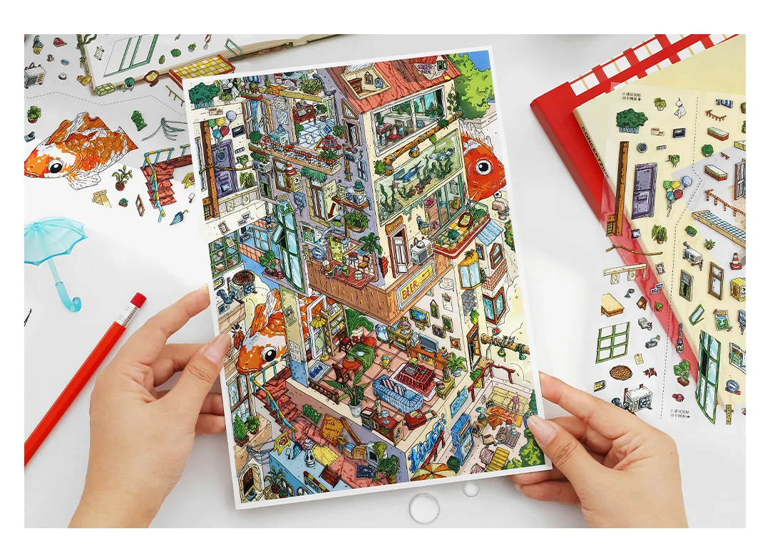Kawaii Rotating City 3D Town Rest Day Landscape Sticker DIY Pocket Cabin Scene Christmas gifts 