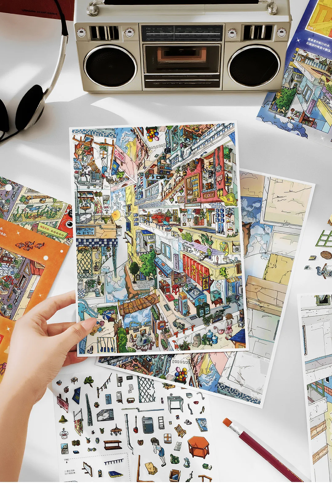 Kawaii Rotating City 3D Town Rest Day Landscape Sticker DIY Pocket Cabin Scene Christmas gifts 