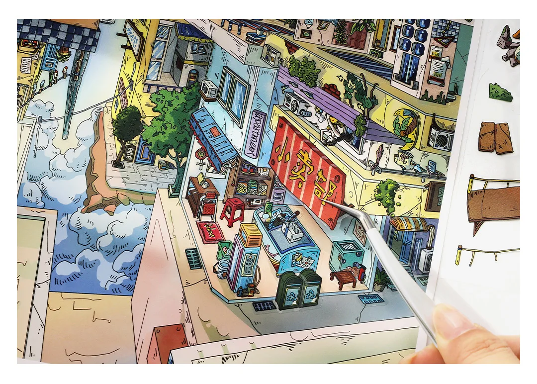 Kawaii Rotating City 3D Town Rest Day Landscape Sticker DIY Pocket Cabin Scene Christmas gifts 