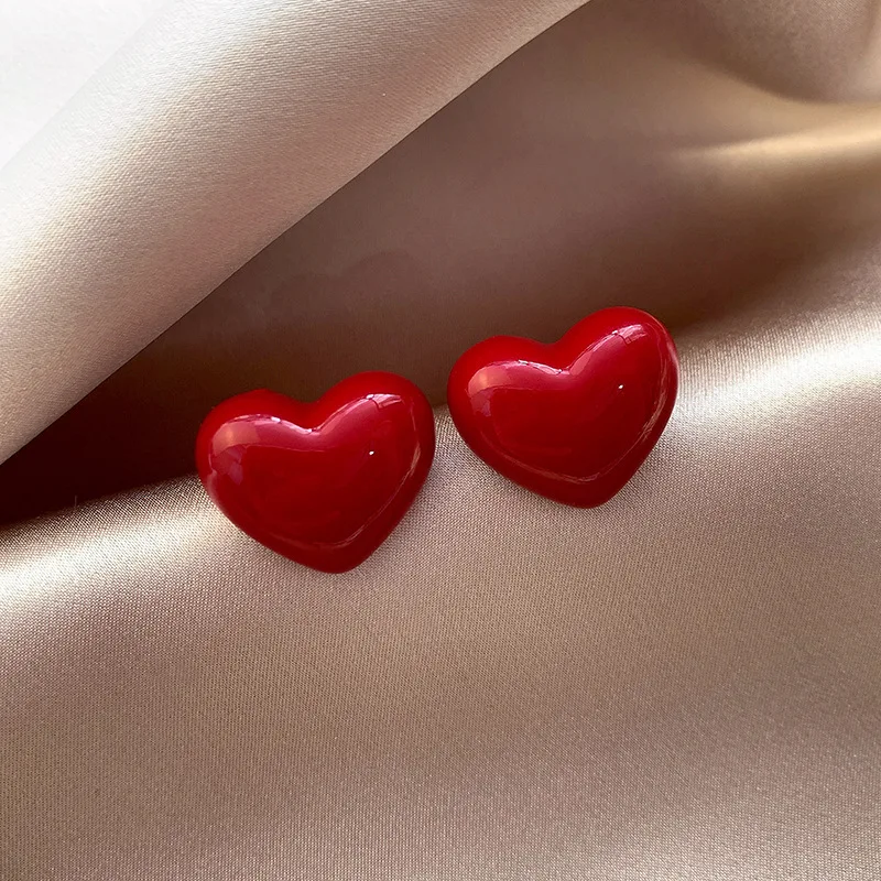 Ancona Wine Red Big Heart Stud Earrings for Women Unique Smooth Wedding New Year Jewelry Christmas Girl Valentine's Day Gift