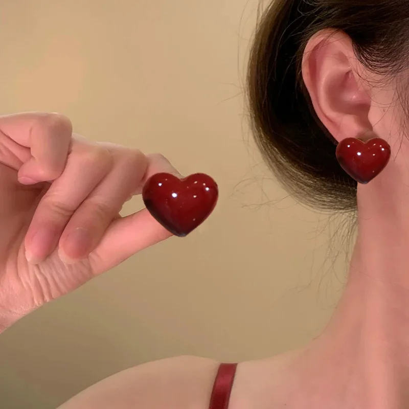 Ancona Wine Red Big Heart Stud Earrings for Women Unique Smooth Wedding New Year Jewelry Christmas Girl Valentine's Day Gift