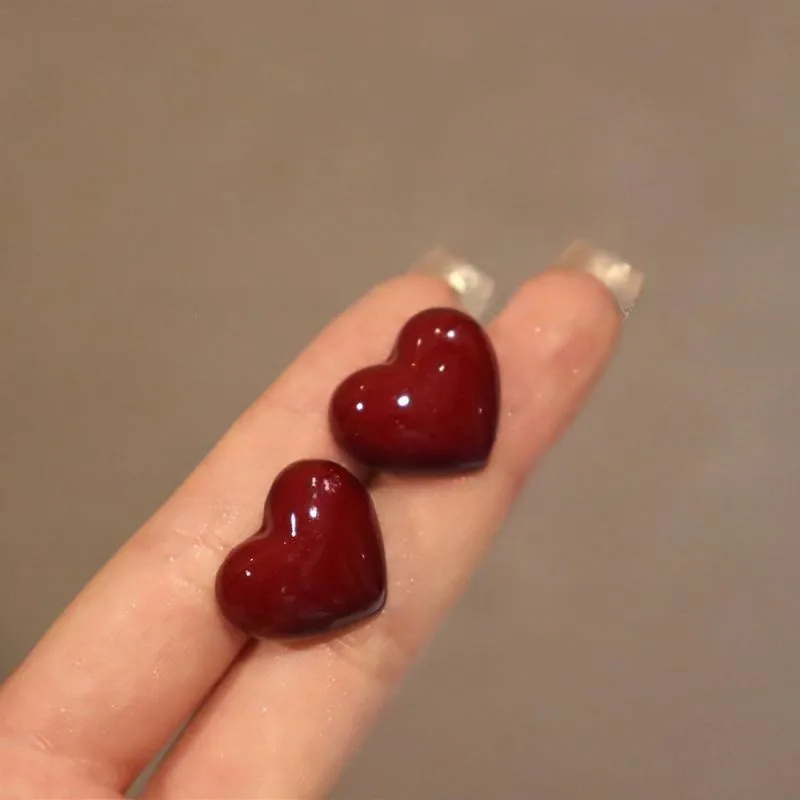 Ancona Wine Red Big Heart Stud Earrings for Women Unique Smooth Wedding New Year Jewelry Christmas Girl Valentine's Day Gift