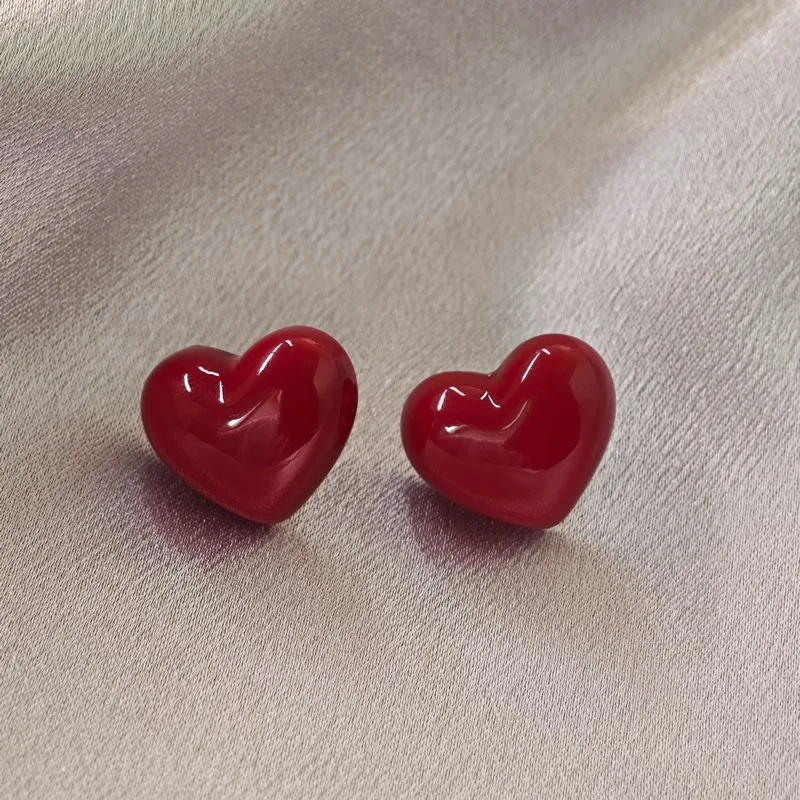 Ancona Wine Red Big Heart Stud Earrings for Women Unique Smooth Wedding New Year Jewelry Christmas Girl Valentine's Day Gift