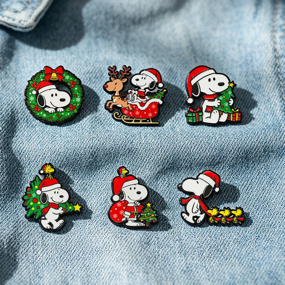 6Pcs Cute Puppy Christmas Enamel Pins Santa Tree White Dog Animal Brooch Puppy Lapel Badge For Backpack Hat Xmas Holiday Gift