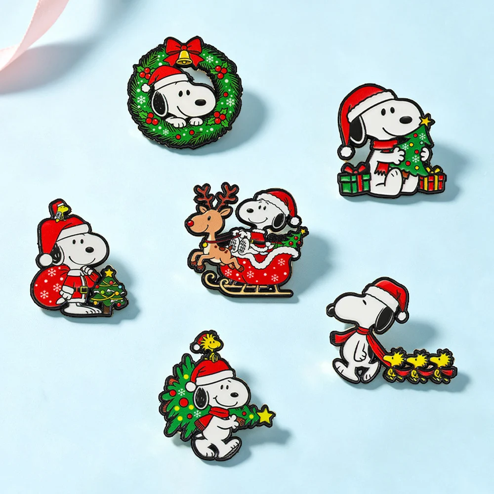 6Pcs Cute Puppy Christmas Enamel Pins Santa Tree White Dog Animal Brooch Puppy Lapel Badge For Backpack Hat Xmas Holiday Gift