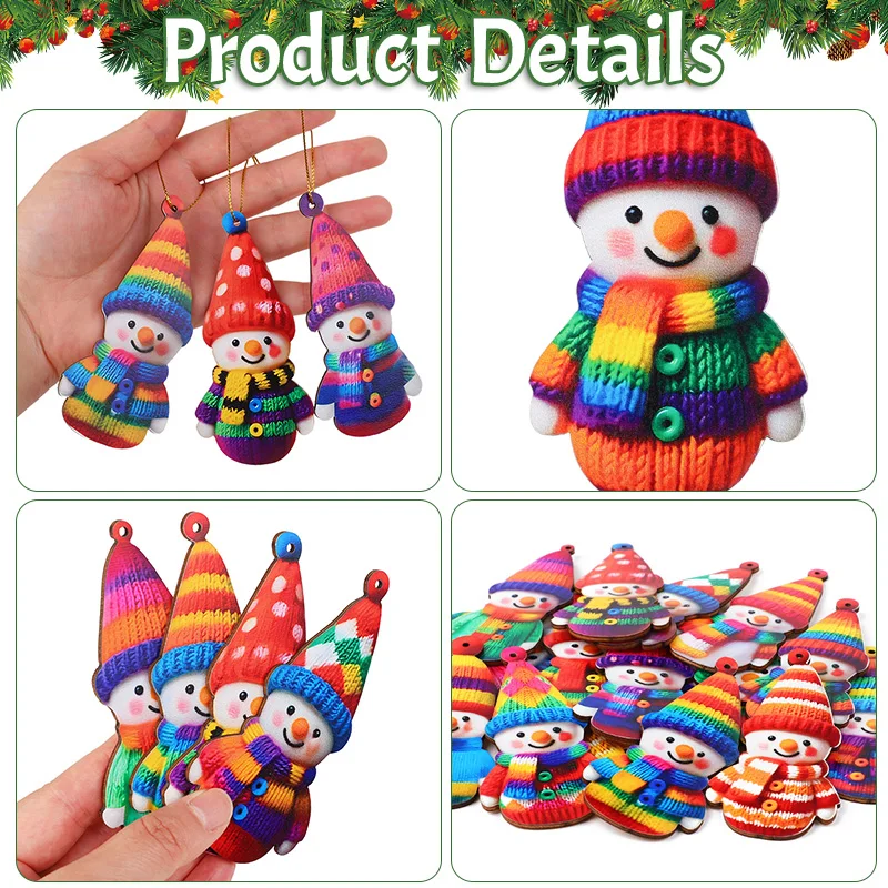 16Pcs Wooden Snowman Christmas Ornament 2D Flat Xmas Tree Hanging Pendant 2026 New Year Home Wall Fireplace Decoration Kids Gift