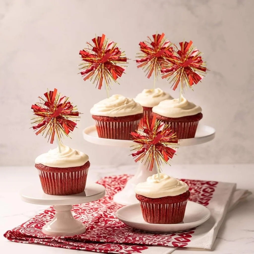 10-30Pcs Firework Cupcake Topper Christmas New Year Cake Decor Foil Toothpicks for Christmas, Picnics, Bar, Birthday Party