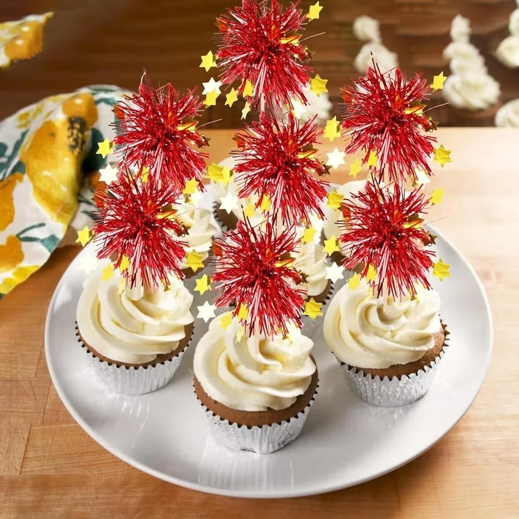 10-30Pcs Firework Cupcake Topper Christmas New Year Cake Decor Foil Toothpicks for Christmas, Picnics, Bar, Birthday Party