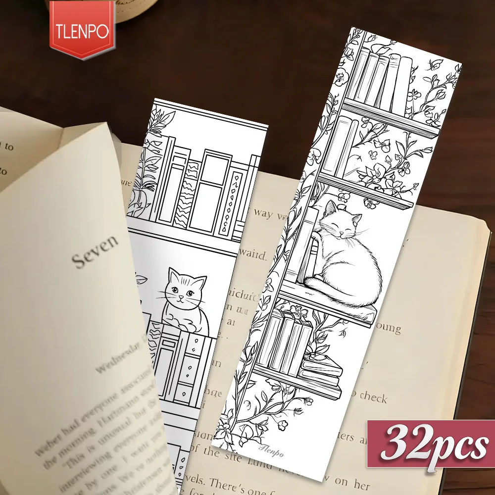 32pcs, Cat Coloring Theme Bookmarks, Christmas, Teacher Gift, Back-To-School Holiday Gifts, Creative Artistic Designs