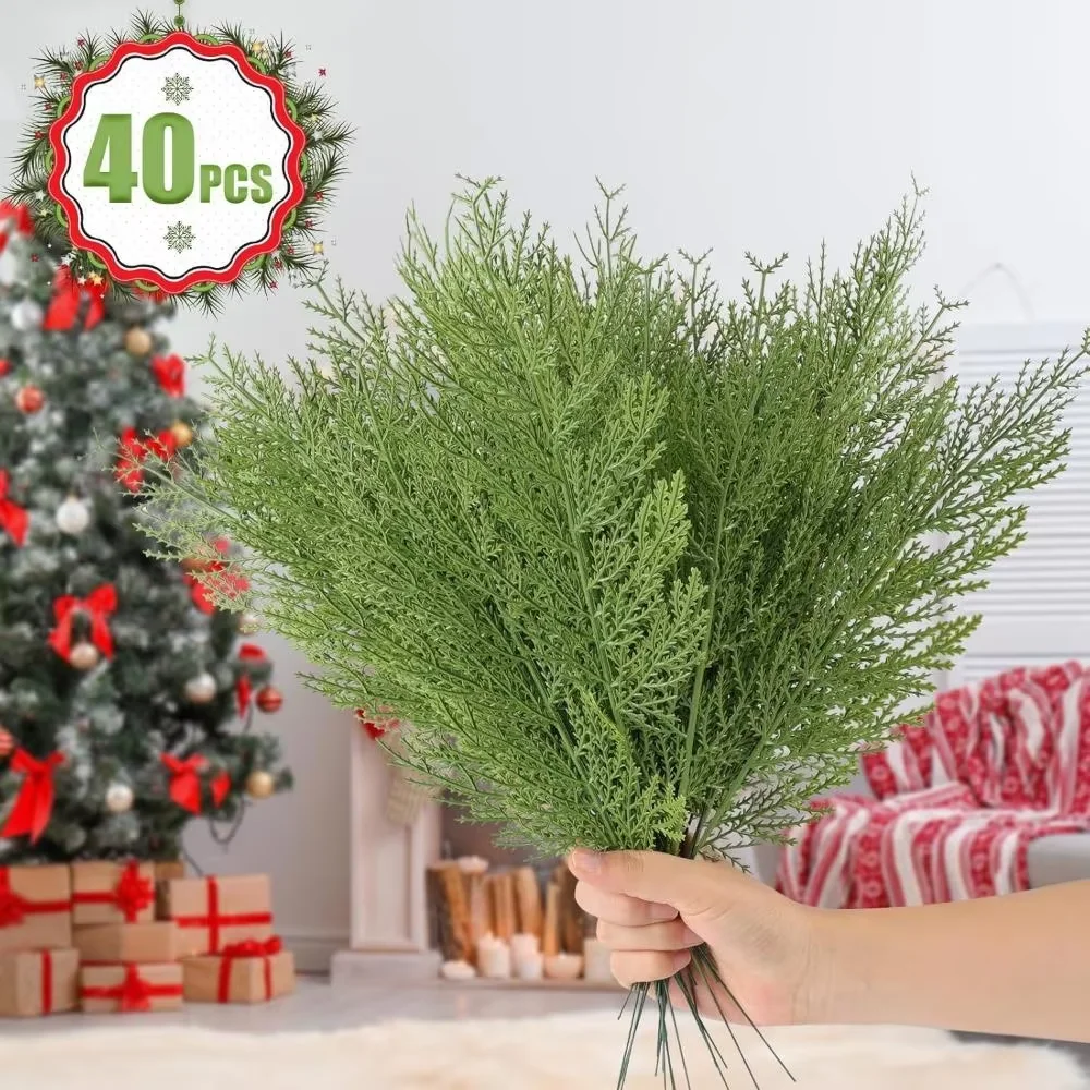 Christmas Faux Cedar Stems, Artificial Faux Cedar Branches, Christmas Greenery Pine Picks for Wreath Craft