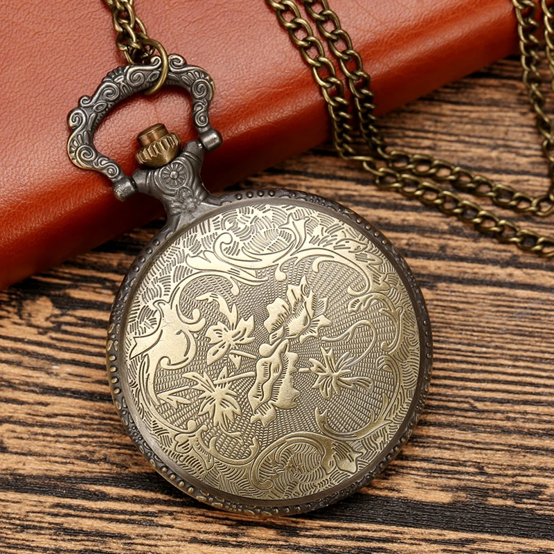 Vintage Bronze Quartz Pocket Watch, Bell Pattern Necklace Pendant Chain Watch, Men Women's Christmas Clock Gift Collection