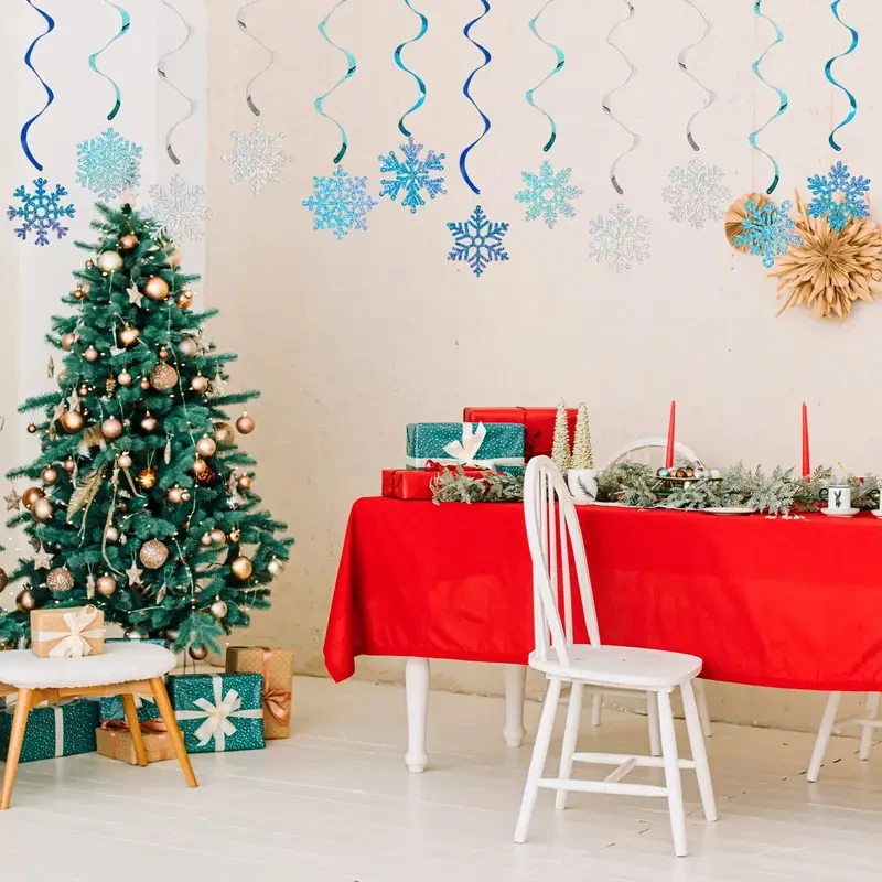 24 Frozen Style Blue And Silver Snowflake Vortex Decorations Rainbow Ceiling Streamerssuitable for Christmas And Birthday Partie