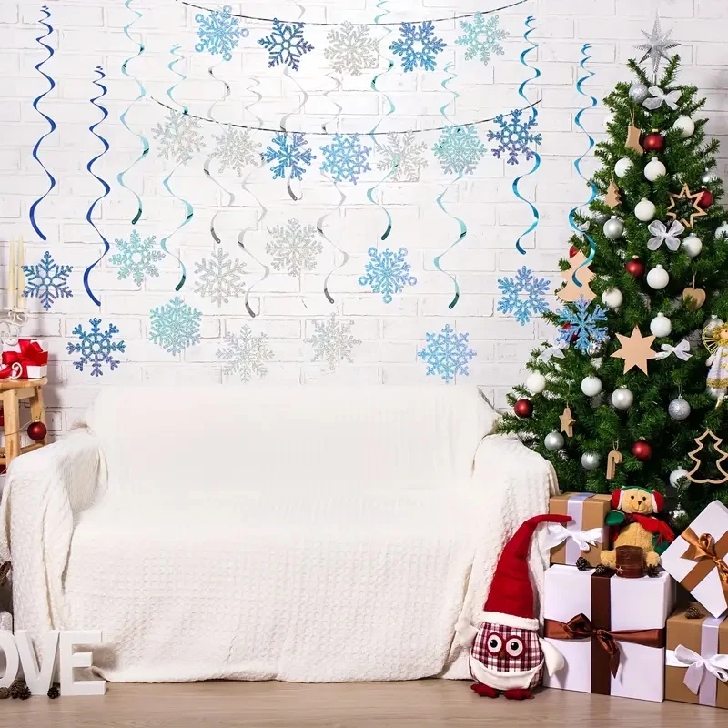 24 Frozen Style Blue And Silver Snowflake Vortex Decorations Rainbow Ceiling Streamerssuitable for Christmas And Birthday Partie