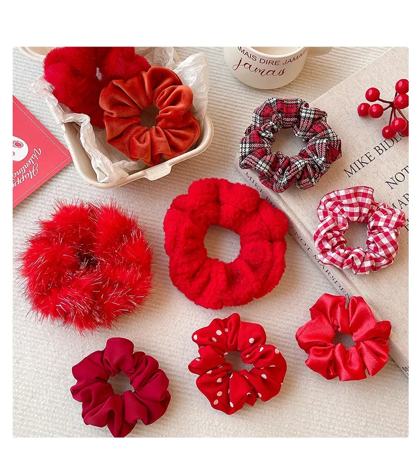 2026 New Christmas Red Color Hair Scrunchies For Women Girls Fashion High Elasticity No Hurt Hair Elastics New Year Accessories