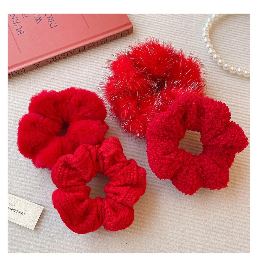 2026 New Christmas Red Color Hair Scrunchies For Women Girls Fashion High Elasticity No Hurt Hair Elastics New Year Accessories