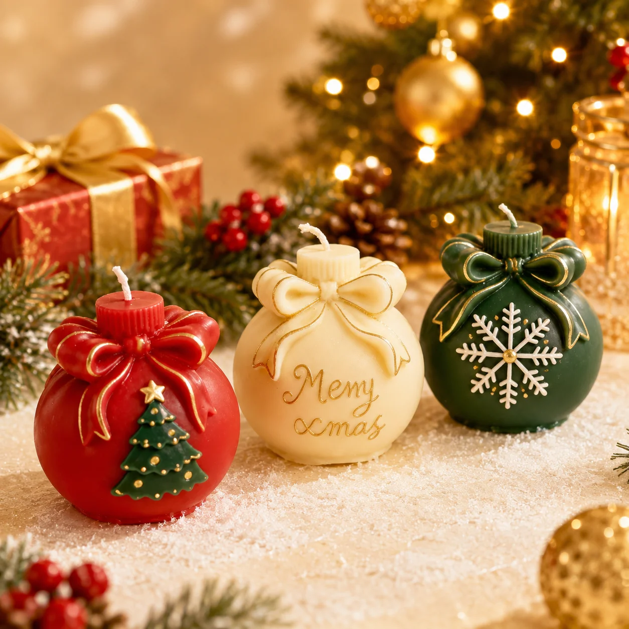 3D Christmas Ornament Silicone Mold Bow Gift Ball Candle and Soap Mold with Snowflake Tree for DIY Holiday Crafts and Decoration