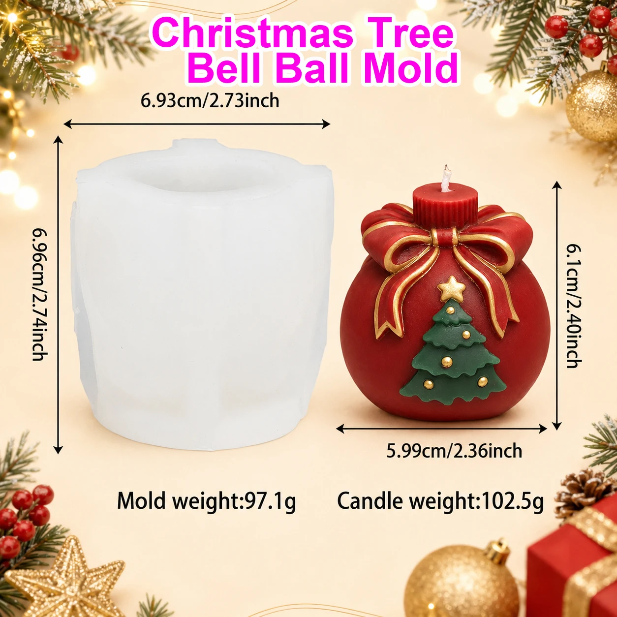 3D Christmas Ornament Silicone Mold Bow Gift Ball Candle and Soap Mold with Snowflake Tree for DIY Holiday Crafts and Decoration