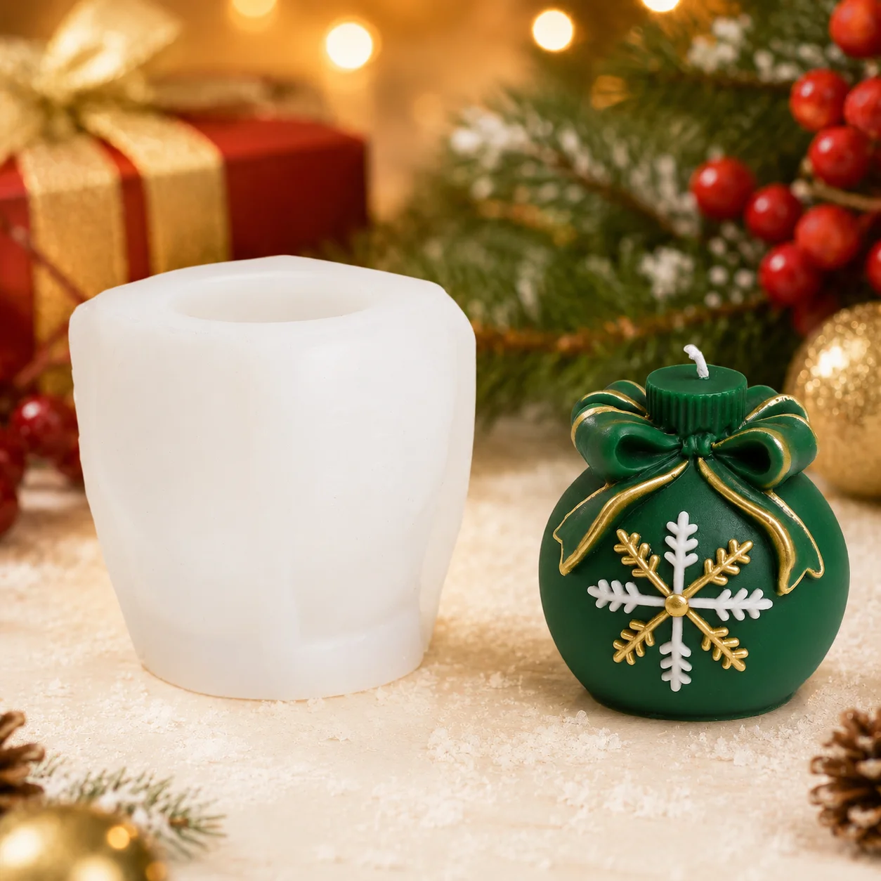 3D Christmas Ornament Silicone Mold Bow Gift Ball Candle and Soap Mold with Snowflake Tree for DIY Holiday Crafts and Decoration