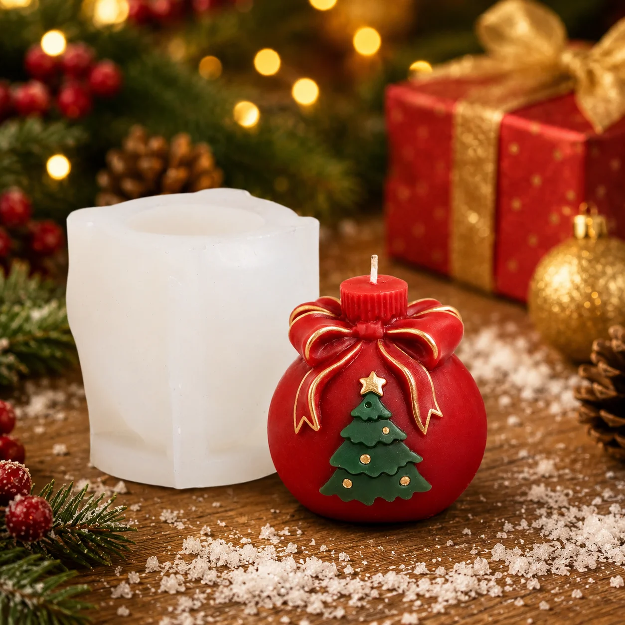 3D Christmas Ornament Silicone Mold Bow Gift Ball Candle and Soap Mold with Snowflake Tree for DIY Holiday Crafts and Decoration