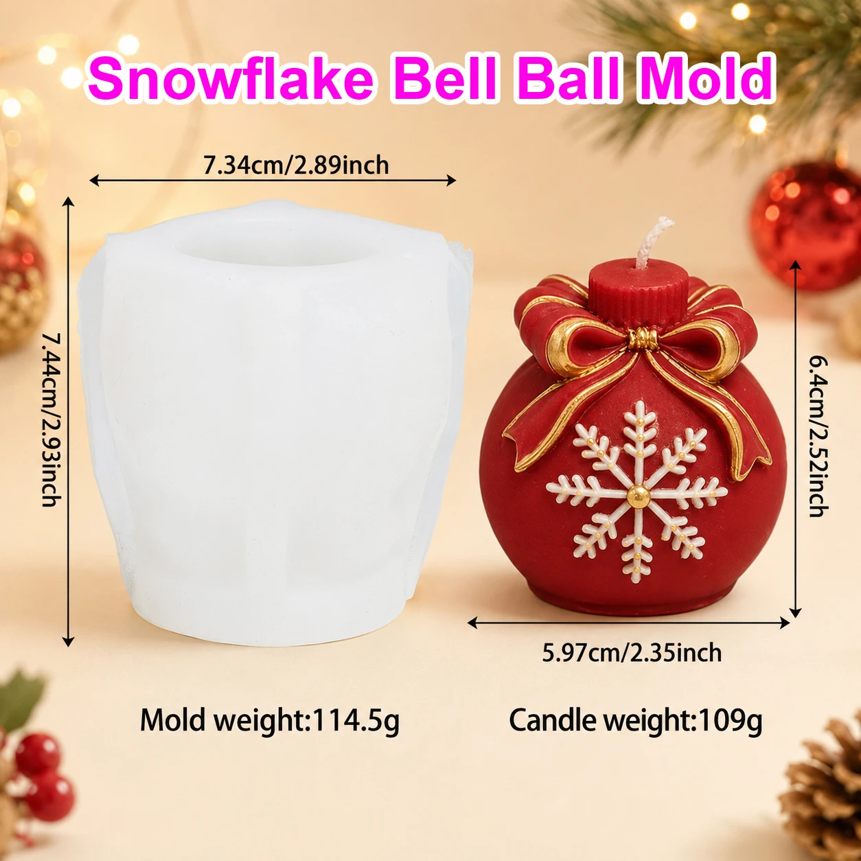 3D Christmas Ornament Silicone Mold Bow Gift Ball Candle and Soap Mold with Snowflake Tree for DIY Holiday Crafts and Decoration