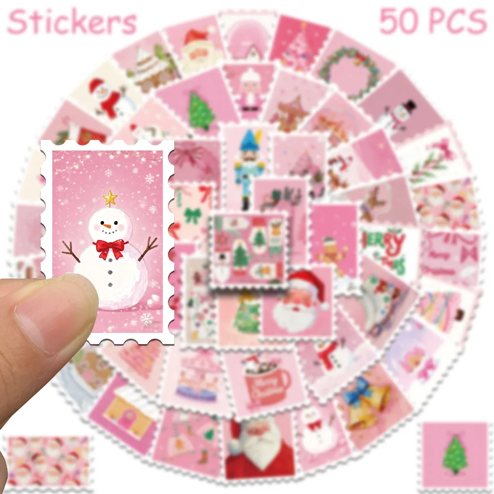 50pcs Pink Christmas Stamp Stickers Decals For Phone Laptop Letter Scrapbook Suitcase DIY Aesthetic Stickers Festival Gifts