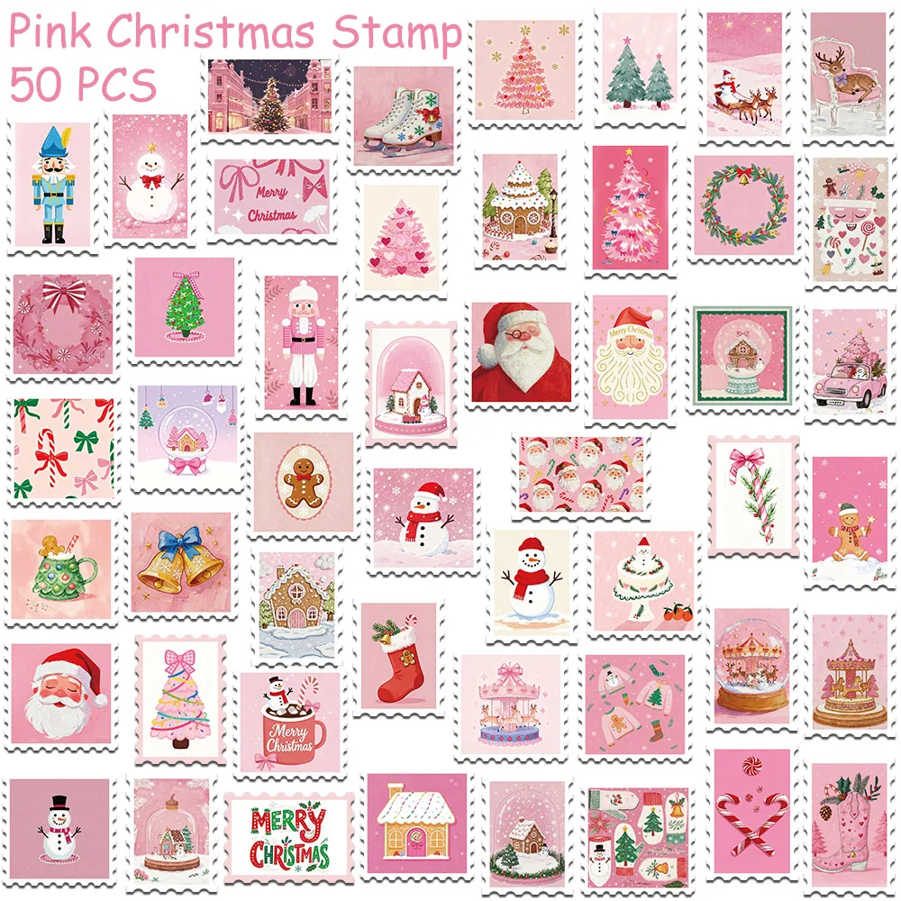 50pcs Pink Christmas Stamp Stickers Decals For Phone Laptop Letter Scrapbook Suitcase DIY Aesthetic Stickers Festival Gifts