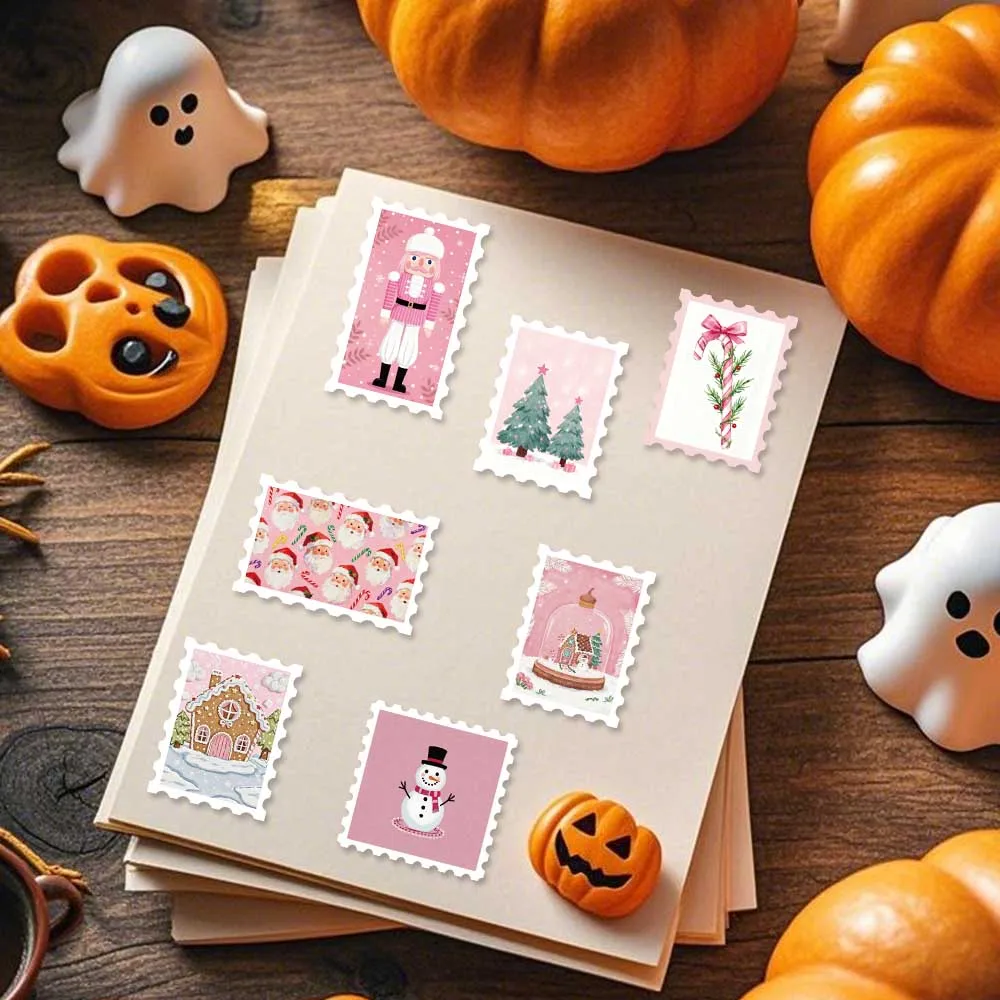50pcs Pink Christmas Stamp Stickers Decals For Phone Laptop Letter Scrapbook Suitcase DIY Aesthetic Stickers Festival Gifts
