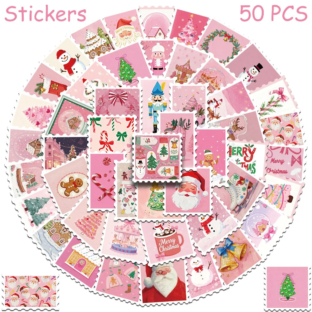 50pcs Pink Christmas Stamp Stickers Decals For Phone Laptop Letter Scrapbook Suitcase DIY Aesthetic Stickers Festival Gifts