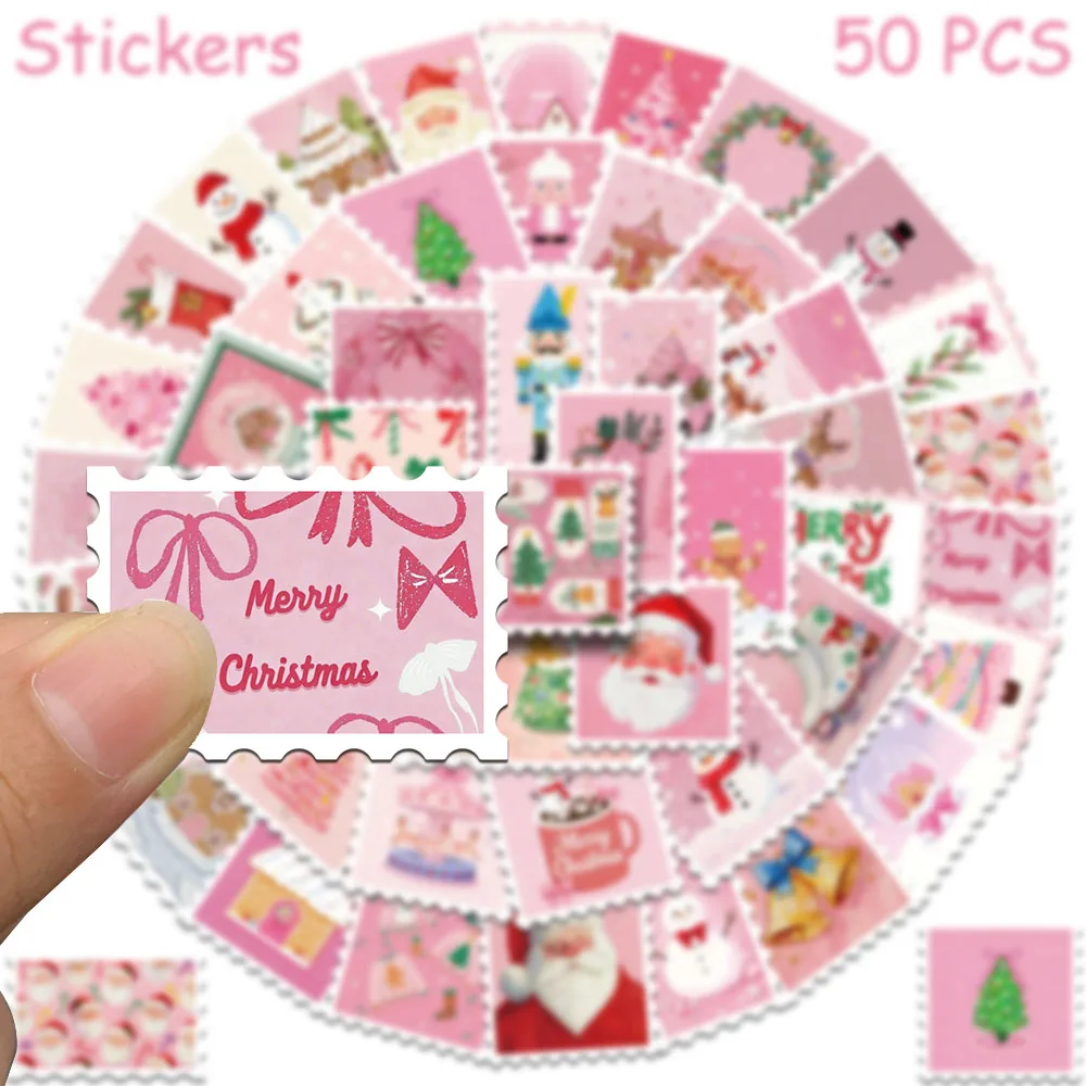 50pcs Pink Christmas Stamp Stickers Decals For Phone Laptop Letter Scrapbook Suitcase DIY Aesthetic Stickers Festival Gifts