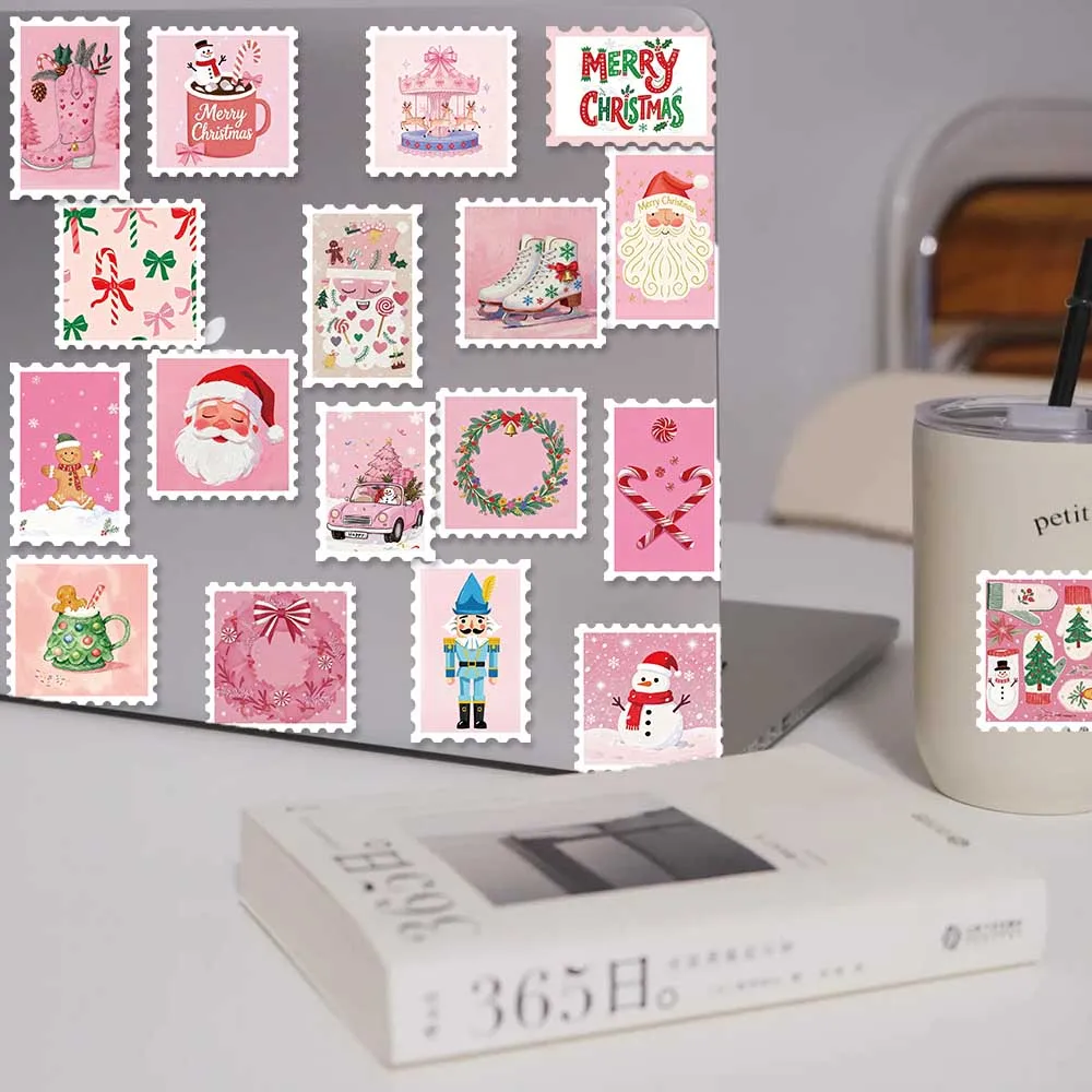 50pcs Pink Christmas Stamp Stickers Decals For Phone Laptop Letter Scrapbook Suitcase DIY Aesthetic Stickers Festival Gifts