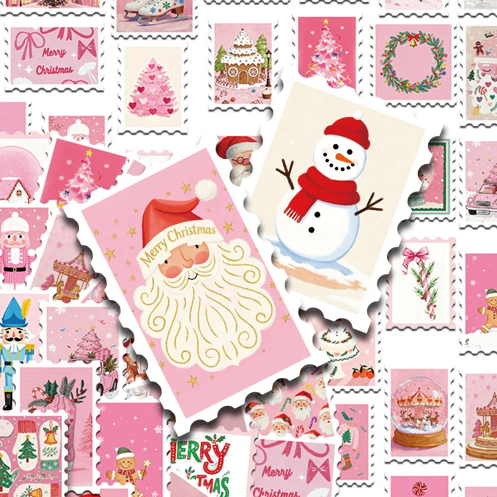 50pcs Pink Christmas Stamp Stickers Decals For Phone Laptop Letter Scrapbook Suitcase DIY Aesthetic Stickers Festival Gifts