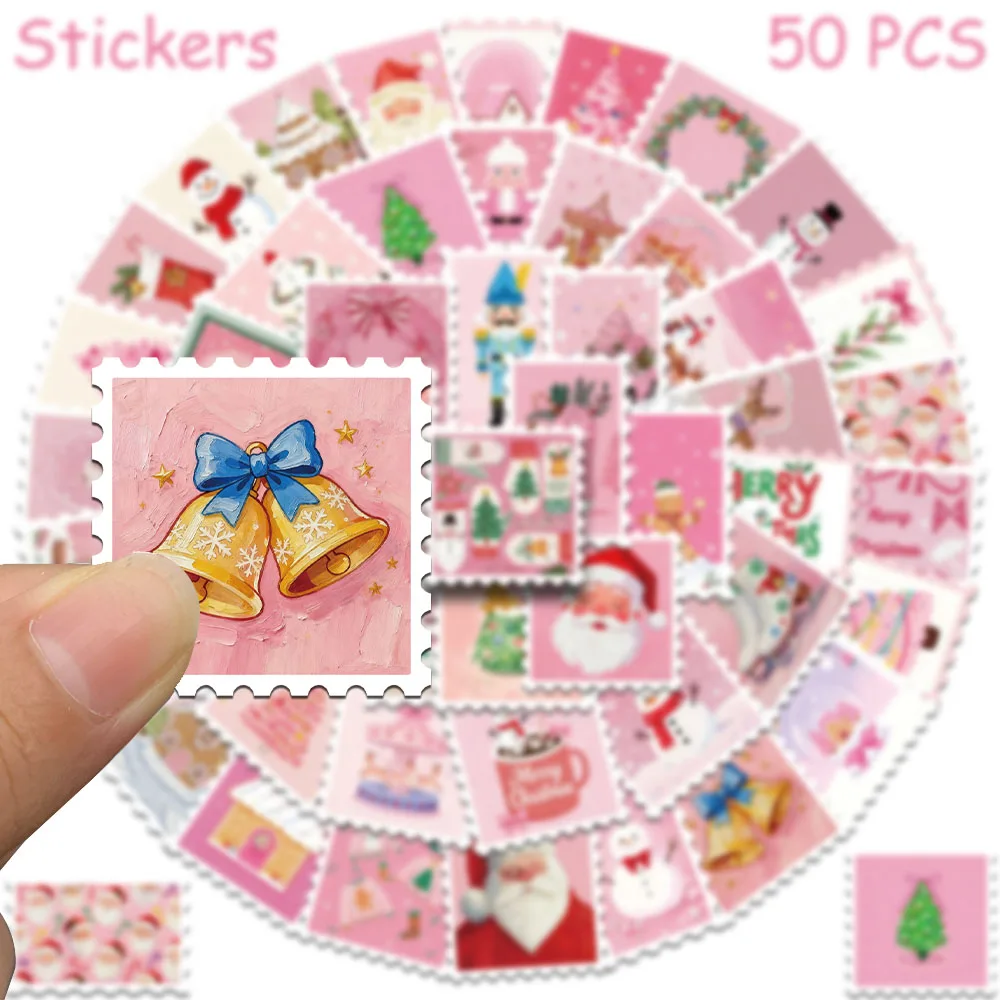 50pcs Pink Christmas Stamp Stickers Decals For Phone Laptop Letter Scrapbook Suitcase DIY Aesthetic Stickers Festival Gifts