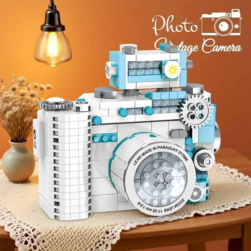 DIY Retro Building Block Camera Model Creative Puzzle Decoration Simulation Building Block Camera Christmas Halloween Gift Suitable Holiday Gift for Boys and Girls