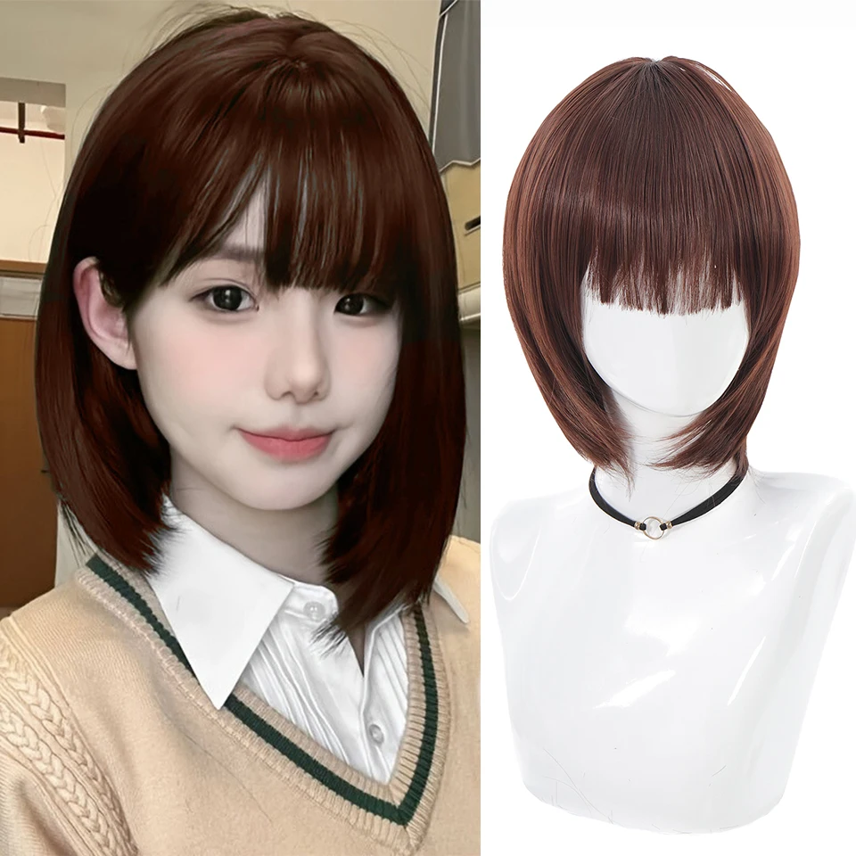 Short Straight Bob Black For Women synthetic wig with fringe Ladies High temperature silk wig For Christmas Carnival Daily wear