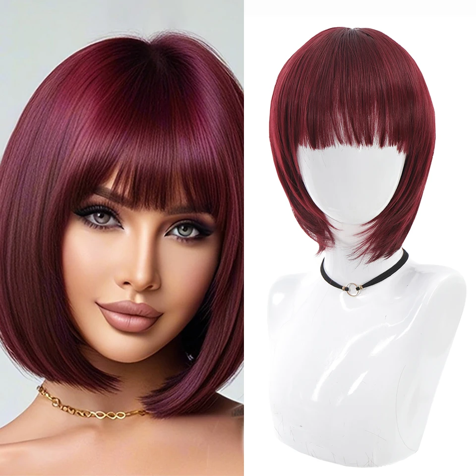 Short Straight Bob Black For Women synthetic wig with fringe Ladies High temperature silk wig For Christmas Carnival Daily wear