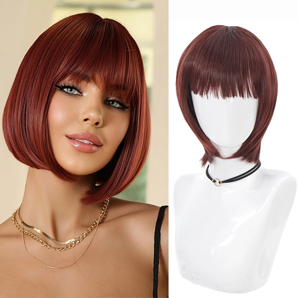 Short Straight Bob Black For Women synthetic wig with fringe Ladies High temperature silk wig For Christmas Carnival Daily wear