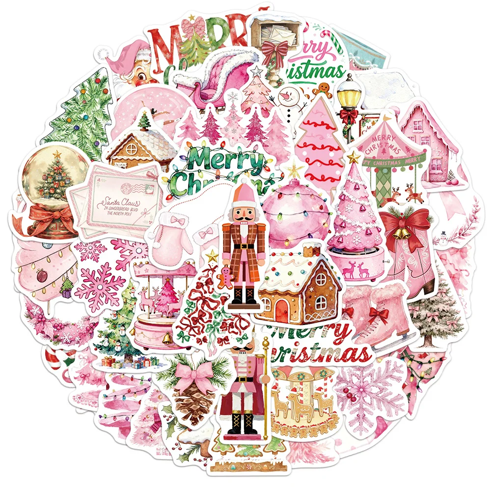 50PCS Pink Christmas 2 Series Sticker Set DIY Phone Case Laptop Guitar Computer Decoration Waterproof Stickers