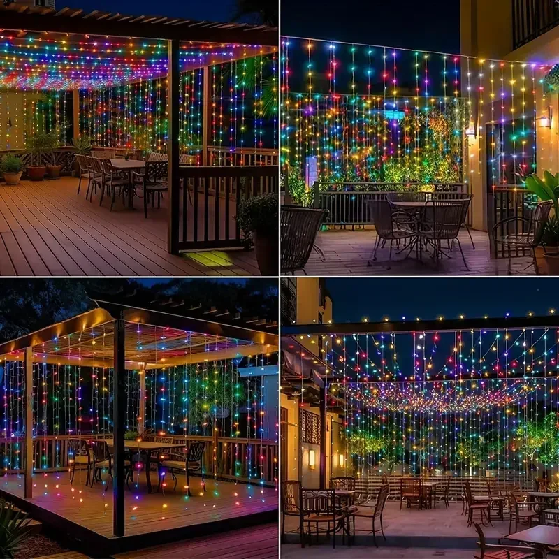 Solar Curtain Light LED Outdoor Waterproof 600leds Garland Decor String Lights Yard Christmas Fairy Wedding Party Terrace Garden