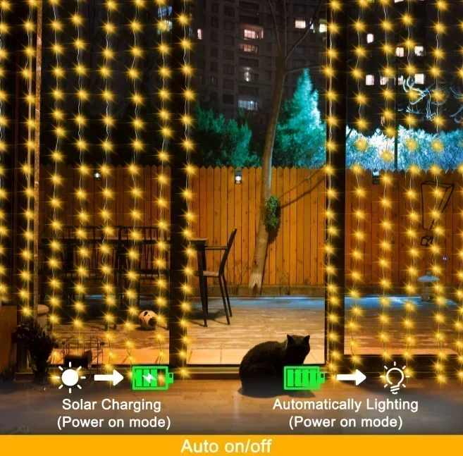Solar Curtain Light LED Outdoor Waterproof 600leds Garland Decor String Lights Yard Christmas Fairy Wedding Party Terrace Garden