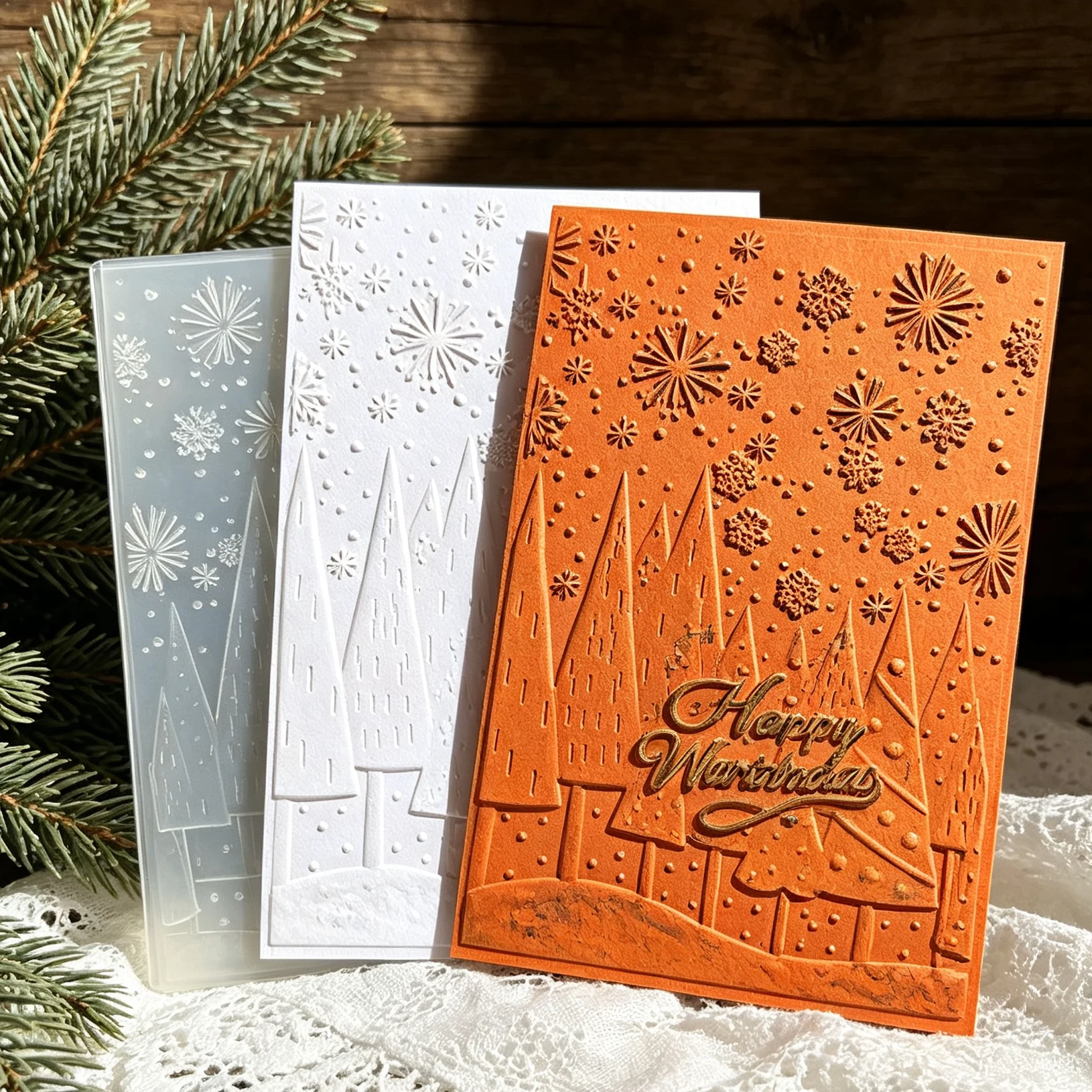 Christmas Snowscape Embossed Board Pine Tree Snowflake Pattern Embossed Template Handmade Card Background Embossing Tool