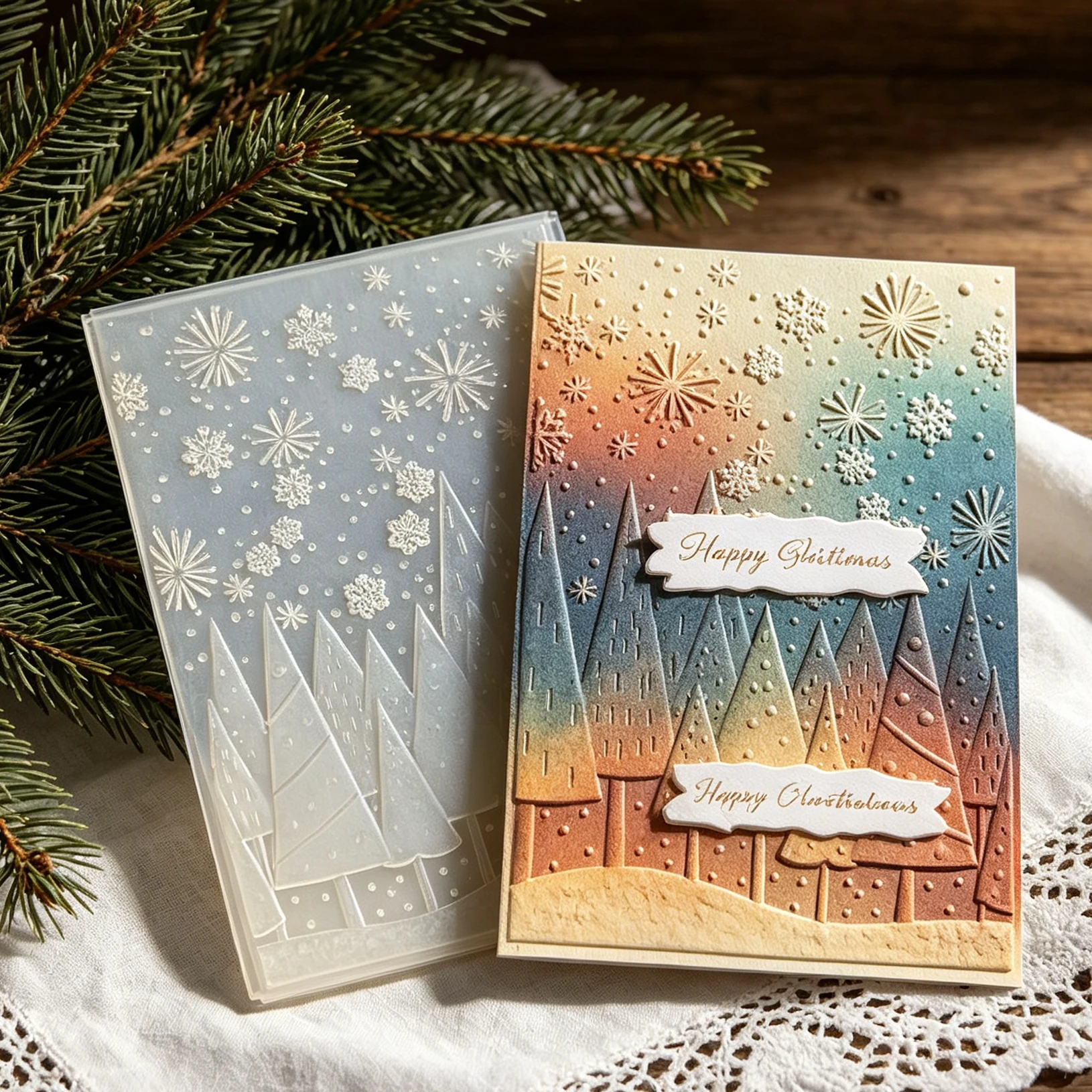 Christmas Snowscape Embossed Board Pine Tree Snowflake Pattern Embossed Template Handmade Card Background Embossing Tool