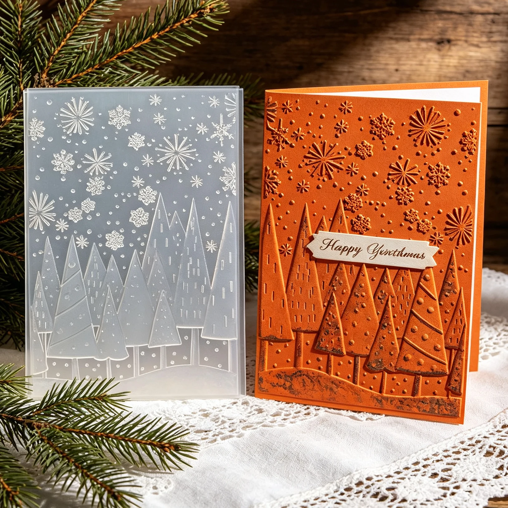 Christmas Snowscape Embossed Board Pine Tree Snowflake Pattern Embossed Template Handmade Card Background Embossing Tool