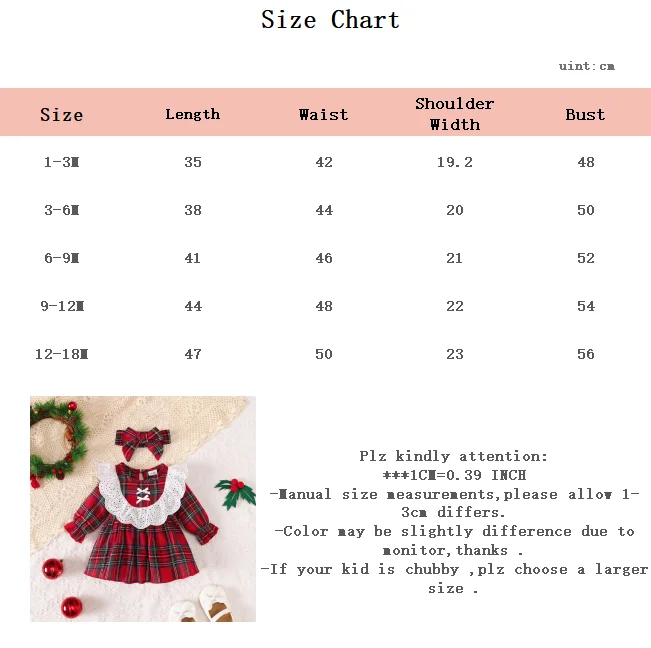 0-18 Months Baby Girl Christmas 2Pcs Red Plaid Long Sleeve Dress Set Lace Ruffle Headband Autumn Infant Princess Dress  Outfit