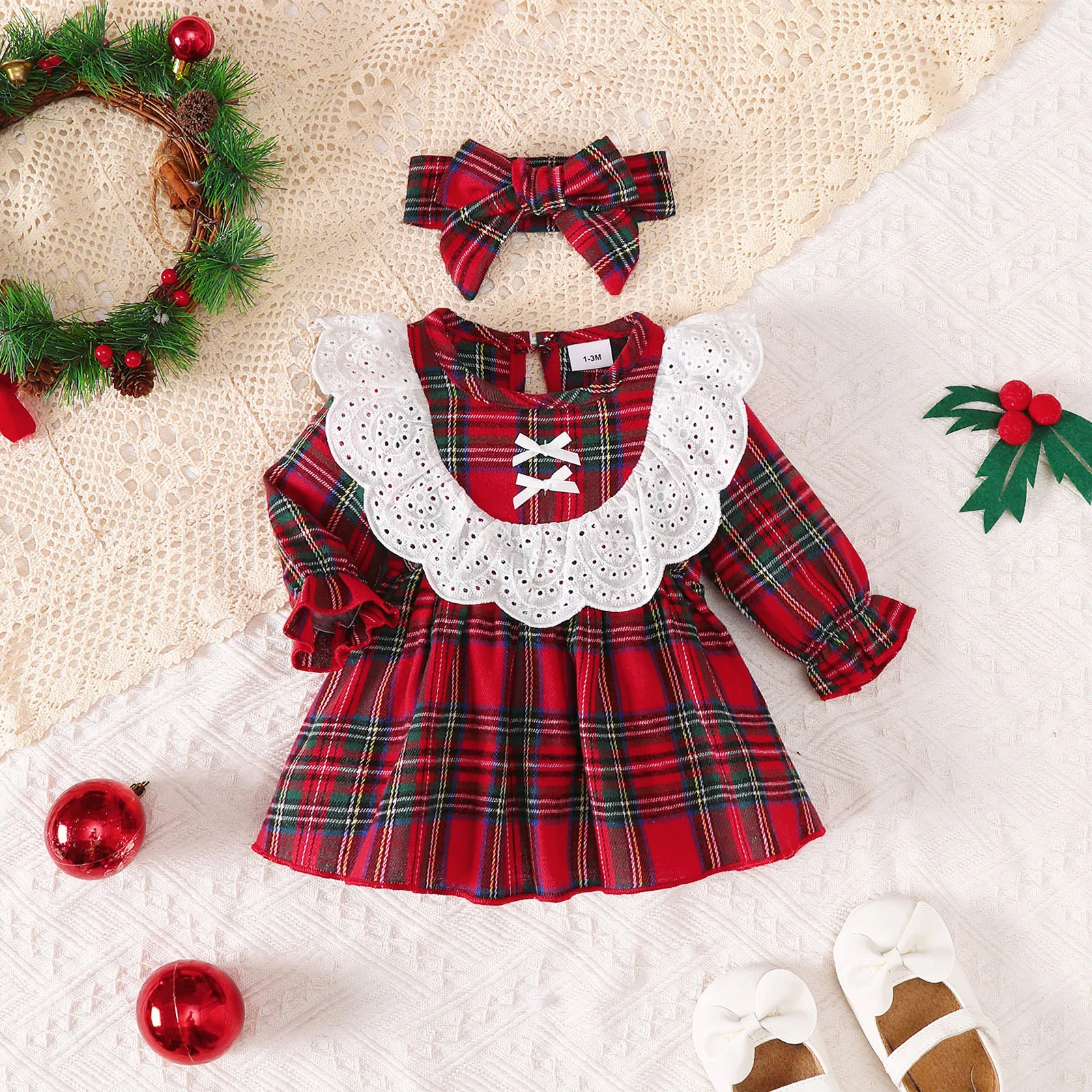 0-18 Months Baby Girl Christmas 2Pcs Red Plaid Long Sleeve Dress Set Lace Ruffle Headband Autumn Infant Princess Dress  Outfit
